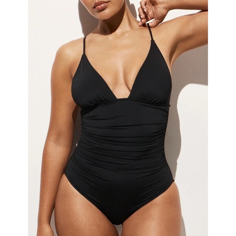 J.Crew Womens Ruched V-Neck One-Piece Swimsuit Black Size 8 Slimming Poolside